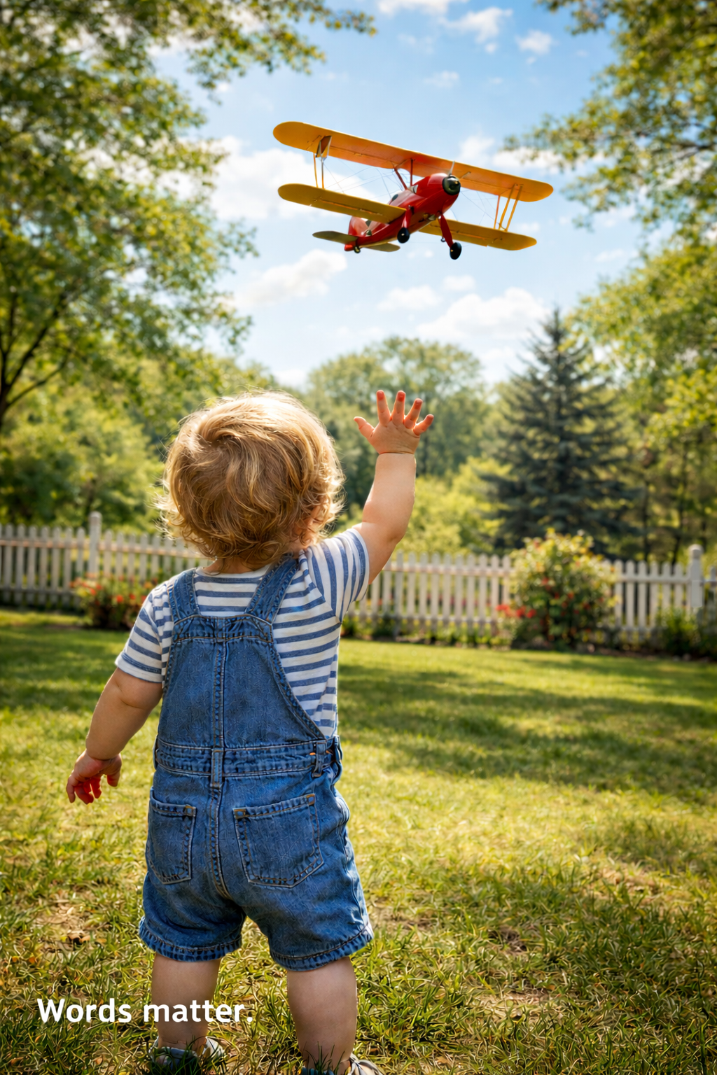 Toddler waving at a biplane flying overhead with the words ‘Words matter.’